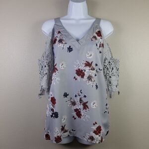 Gray Floral Cold Shoulder Embroidered Lace Sleeves Top Size Small